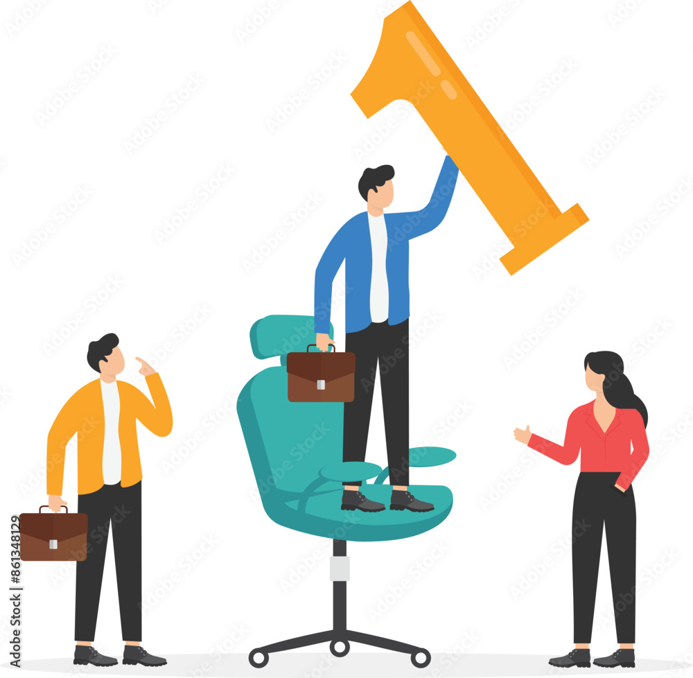 Group of employees celebrating, worker man standing on office chair and with number one. First place, best employees of month. Achievements in business. Successful business people celebrates victory.
Group of employees celebrating, worker man standing on office chair and with number one. First place, best employees of month. Achievements in business. Successful business people celebrates victory.