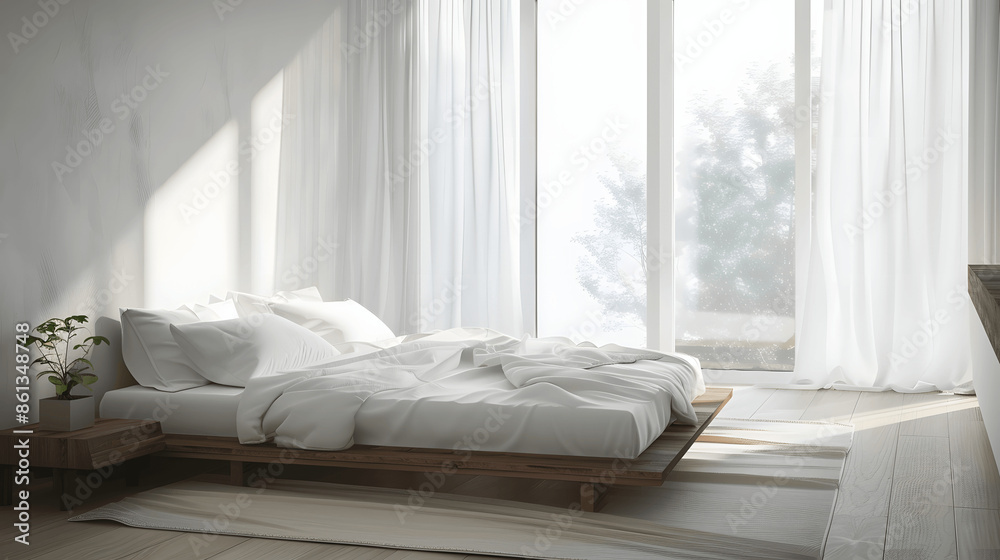 Minimalist bedroom with low platform bed and white linens Minimalist bedroom with low platform bed and white linens