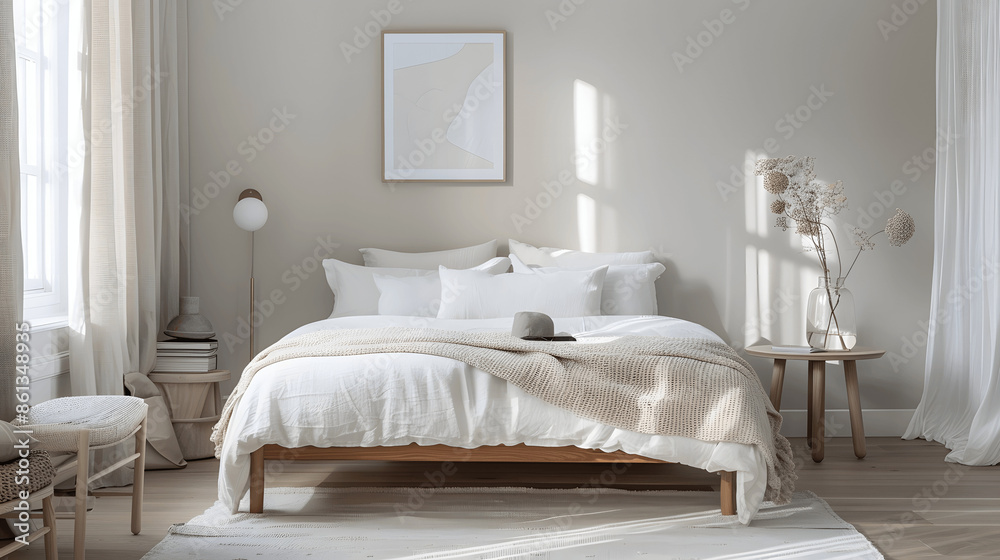 Scandinavian bedroom with white bed and light wood furniture Scandinavian bedroom with white bed and light wood furniture