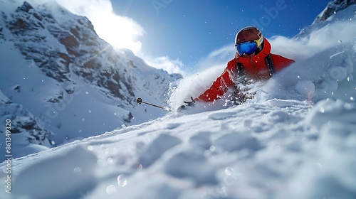 A realistic scene of a skier navigating a challenging downhill slope with moguls, with the skier's focused expression and dynamic movements.