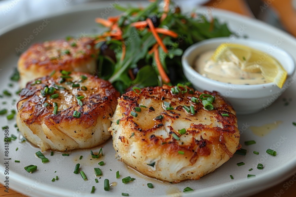 A delicate plate of crab cakes, garnished with a lemon aioli and a small salad of mixed greens. A delicate plate of crab cakes, garnished with a lemon aioli and a small salad of mixed greens.