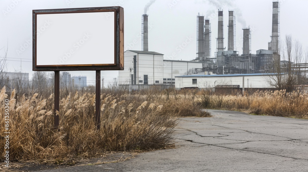 An empty billboard in an industrial area, with factories, chimneys, and machinery in the background An empty billboard in an industrial area, with factories, chimneys, and machinery in the background