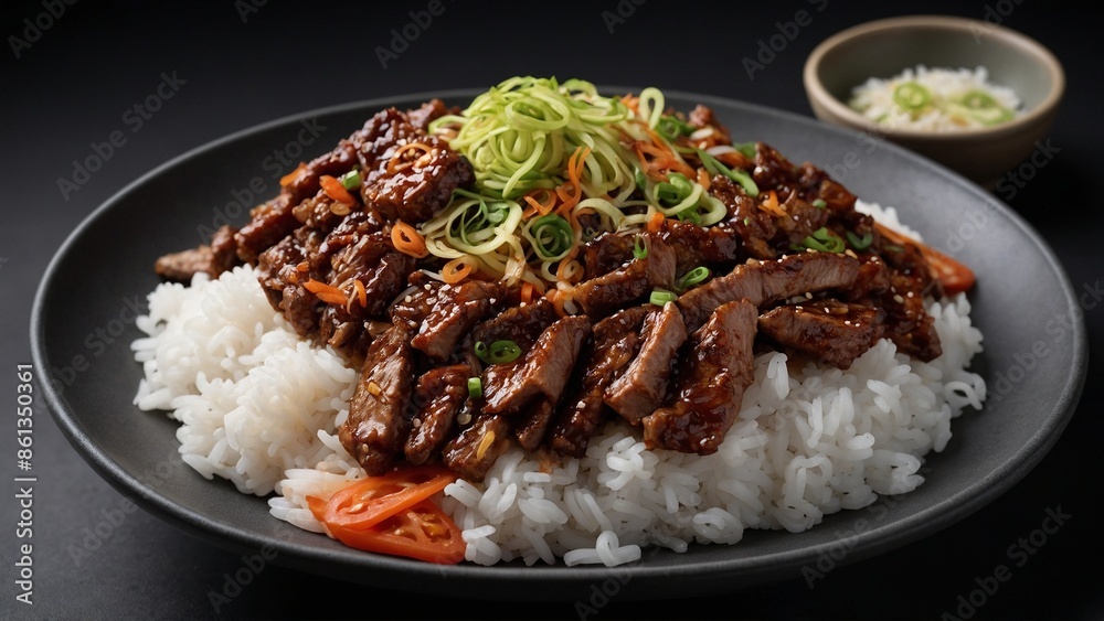 Full frame shot of rice bowl with topping Dwaeji Bulgogi (Spicy Marinated Pork) korean food Full frame shot of rice bowl with topping Dwaeji Bulgogi (Spicy Marinated Pork) korean food