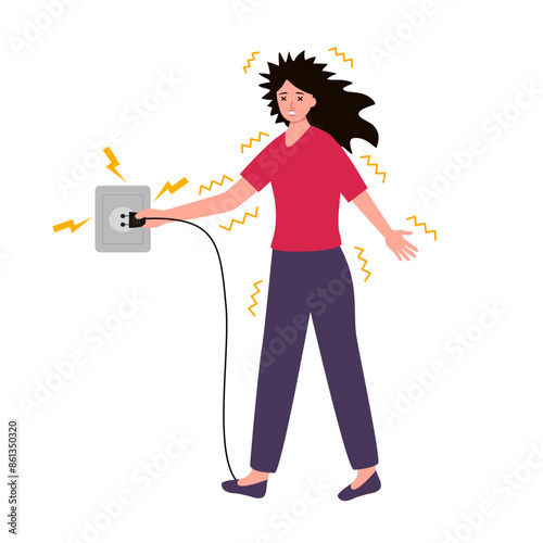 Electric shock risk concept vector illustration. Woman get electric shock in flat design. Electric safety caution.