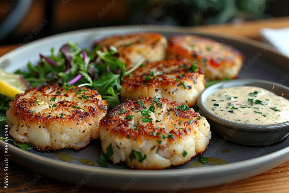 A delicate plate of crab cakes, garnished with a lemon aioli and a small salad of mixed greens. A delicate plate of crab cakes, garnished with a lemon aioli and a small salad of mixed greens.