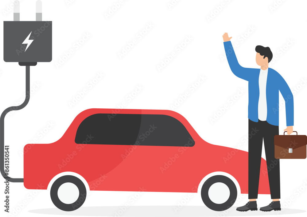 Obraz premium Smart businessman presenting electric car with renewable energy. Rechargeable electric auto. Landing page template. Eco friendly vehicle and sustainable transportation concept. Vector illustration