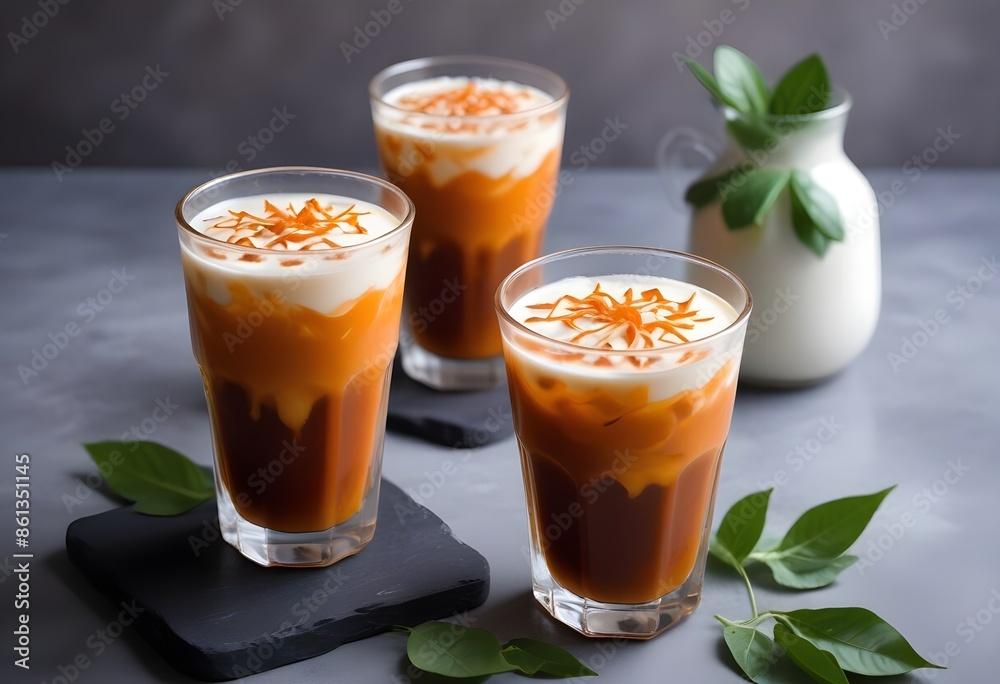 Thai iced tea with caramel icing decorated with mint, ready to be served in the restaurant Thai iced tea with caramel icing decorated with mint, ready to be served in the restaurant