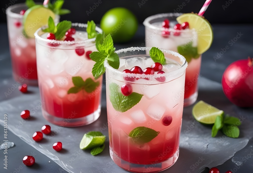 Pomegranate flavored mohito with rum decorated with lime Pomegranate flavored mohito with rum decorated with lime