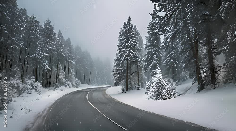 A winding forest road in the snow with heavy snowfall, flanked by tall, ancient pine trees dusted in white. The sky is a soft gray, and snowflakes twinkle like tiny stars 1 A winding forest road in the snow with heavy snowfall, flanked by tall, ancient pine trees dusted in white. The sky is a soft gray, and snowflakes twinkle like tiny stars 1