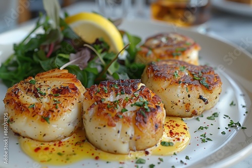 A delicate plate of crab cakes, garnished with a lemon aioli and a small salad of mixed greens. 