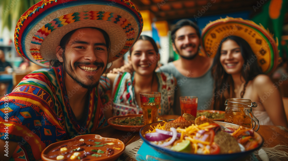 Fototapeta premium A group of friends is having a fun time at a Mexican restaurant, enjoying traditional food. They are wearing colorful sombreros and vibrant clothing, their faces radiating joy and satisfaction