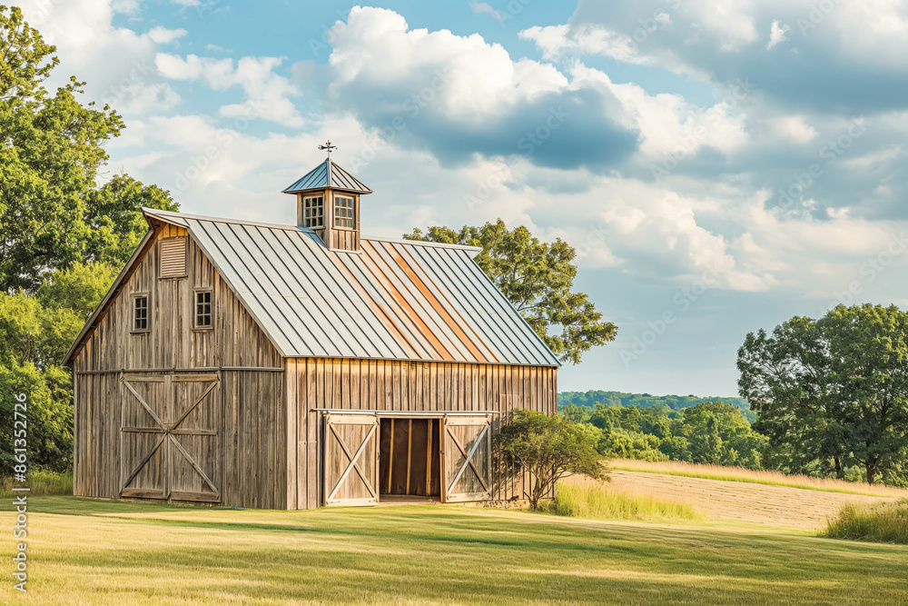 A rustic barn house with a metal roof, large doors, and open fields. A rustic barn house with a metal roof, large doors, and open fields.
