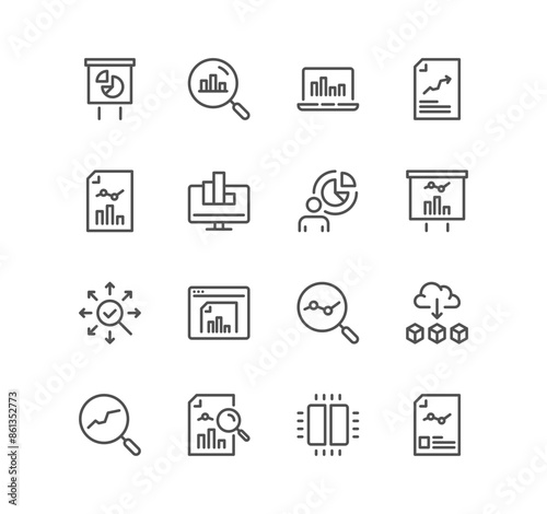 Set of data analysis related icons, charts, graphs, traffic analysis, datum, compute, reports, filter, research and linear variety vectors.	
