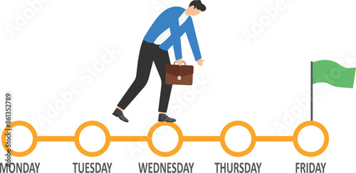Unhappy businessman before start five day working. Routine job or five-day working make employee overworked repetitive tasks everyday, no motivation, difficulty to change or find opportunity. Vector

