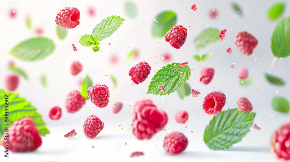Flying raspberries with green mint leaves, lemon balm, and melissa, isolated on a white background. Featuring sweet, ripe, fresh summer berries and organic food, rich in vitamins. Flying raspberries with green mint leaves, lemon balm, and melissa, isolated on a white background. Featuring sweet, ripe, fresh summer berries and organic food, rich in vitamins.