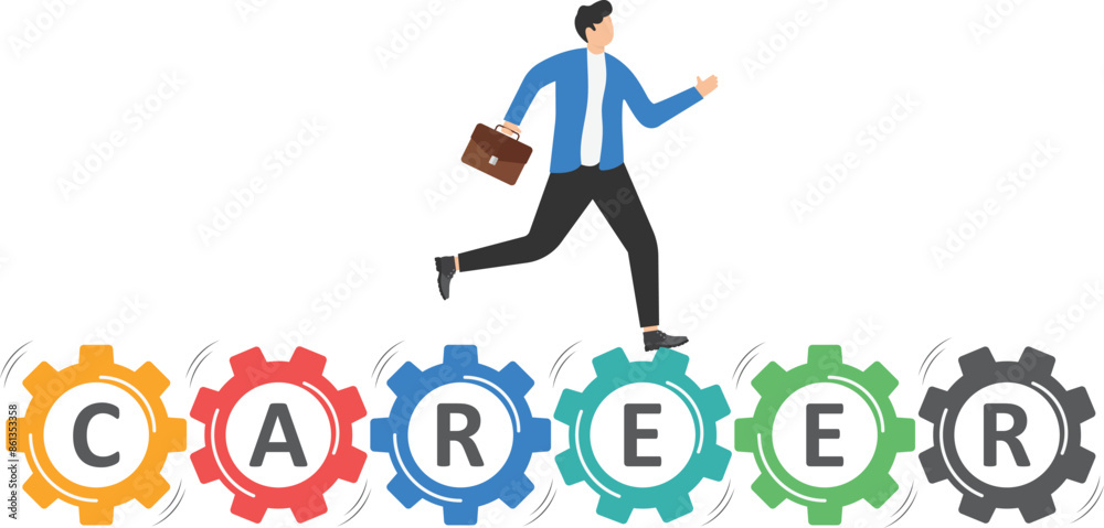 Businessman or male manager running on gears. Career path, advancement opportunities. Stage of career ladder, promotion. Corporate slavery, overload, overworked employees. Flat vector illustration
Businessman or male manager running on gears. Career path, advancement opportunities. Stage of career ladder, promotion. Corporate slavery, overload, overworked employees. Flat vector illustration