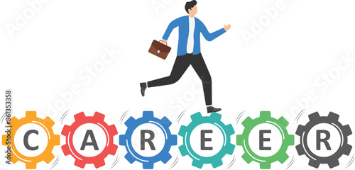 Businessman or male manager running on gears. Career path, advancement opportunities. Stage of career ladder, promotion. Corporate slavery, overload, overworked employees. Flat vector illustration

