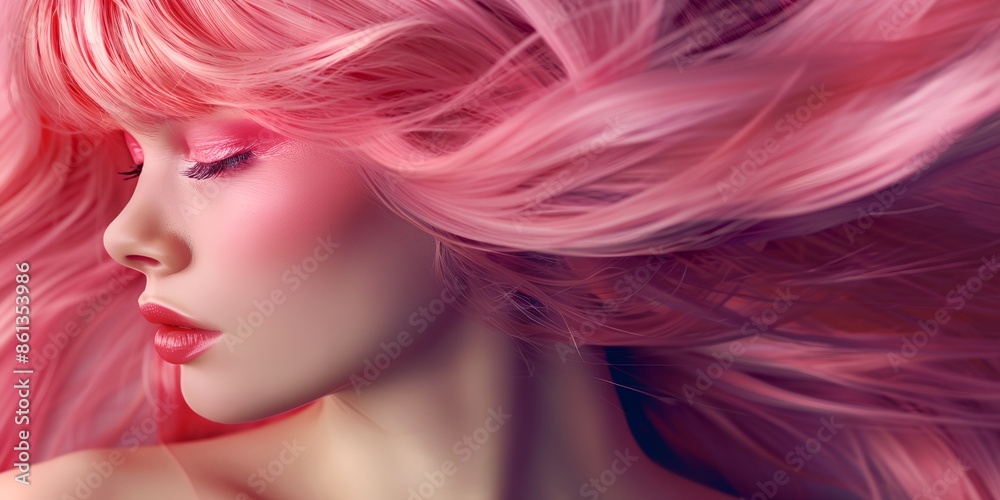 A woman with long pink hair and red lipstick. The hair is styled in a way that it looks like it is flowing A woman with long pink hair and red lipstick. The hair is styled in a way that it looks like it is flowing