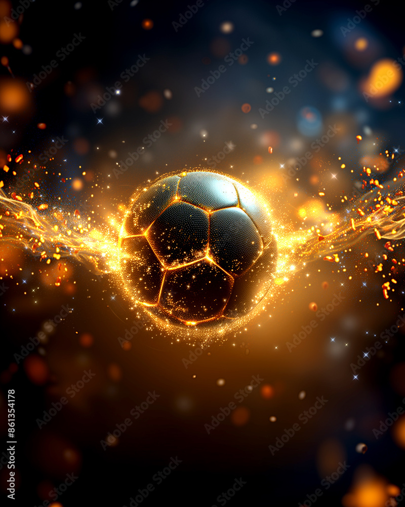 Fototapeta premium A soccer ball with a hole in it is surrounded by a lot of fire and sparks. The image has a dark and intense mood, with the fire and sparks adding to the sense of danger and chaos