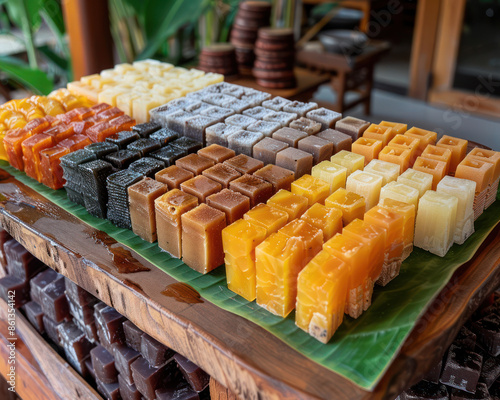 Delicious Thai Desserts Assortment on a Traditional Banana Leaf Tray Authentic Thai Sweets Offering an Authentic Cultural Display of Thai Confectionery for Food Lovers and Culture Enthusiasts photo