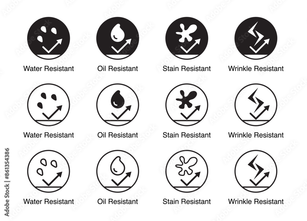 Multipurpose Water, Oil, Stain, and Wrinkle Resistant Icon for Versatile Applications. Vector Collection.