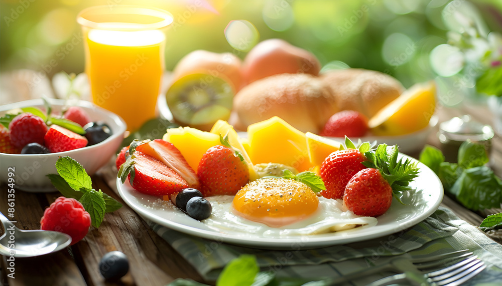 Breakfast served with coffee, orange juice, croissants, cereals and fruits. Balanced diet. Breakfast served with coffee, orange juice, croissants, cereals and fruits. Balanced diet.
