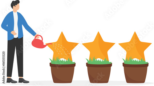 Quality control, good review. Motivation to success or being excellence, aspiration and effort to improve, best performance. Ambitious businessman watering huge star trees, metaphor of success. Vector