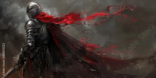 A knight in a red cape is standing in front of a dark background. The image has a mood of darkness and mystery