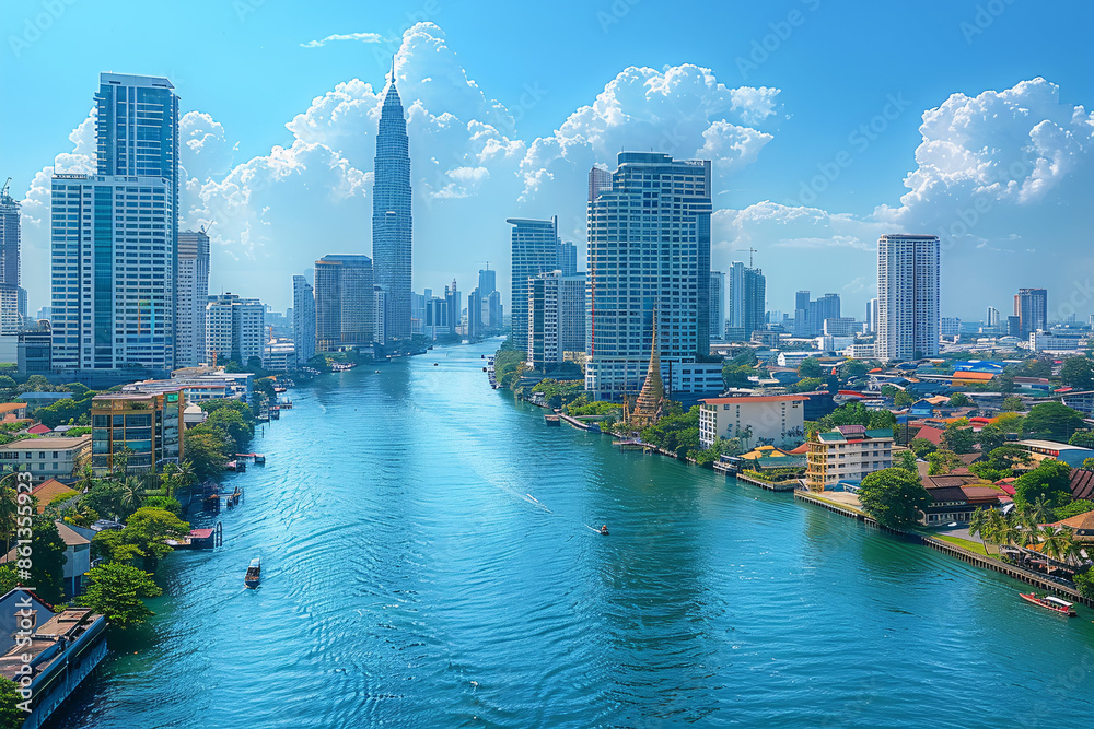 Obraz premium A modern city skyline with tall buildings along a river, under a bright blue sky with fluffy white clouds