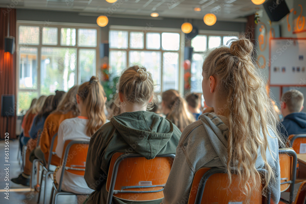 A modern classroom filled with high school students seated on chairs, attentively listening, with large windows letting in natural light and a warm atmosphere A modern classroom filled with high school students seated on chairs, attentively listening, with large windows letting in natural light and a warm atmosphere