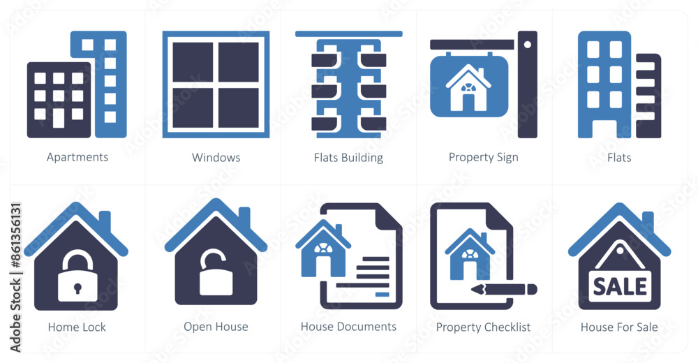 A set of 10 Real Estate icons as apartments, windows, flats buildings A set of 10 Real Estate icons as apartments, windows, flats buildings