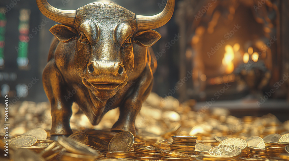 Obraz premium a golden bull statue emerges from a pile of gold coins. Against a backdrop of climbing stock market charts