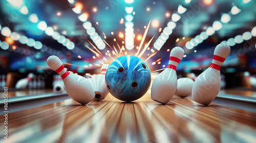 Bowling ball hitting pins and exploding on bowling alley