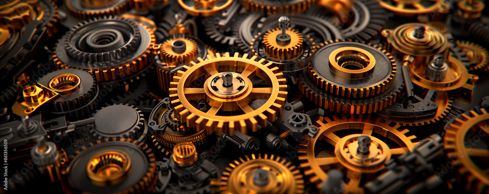 A close up of many gears, some of which are gold. Concept of complexity and intricacy, as the gears are all different sizes and shapes. The gold color adds a sense of luxury A close up of many gears, some of which are gold. Concept of complexity and intricacy, as the gears are all different sizes and shapes. The gold color adds a sense of luxury
