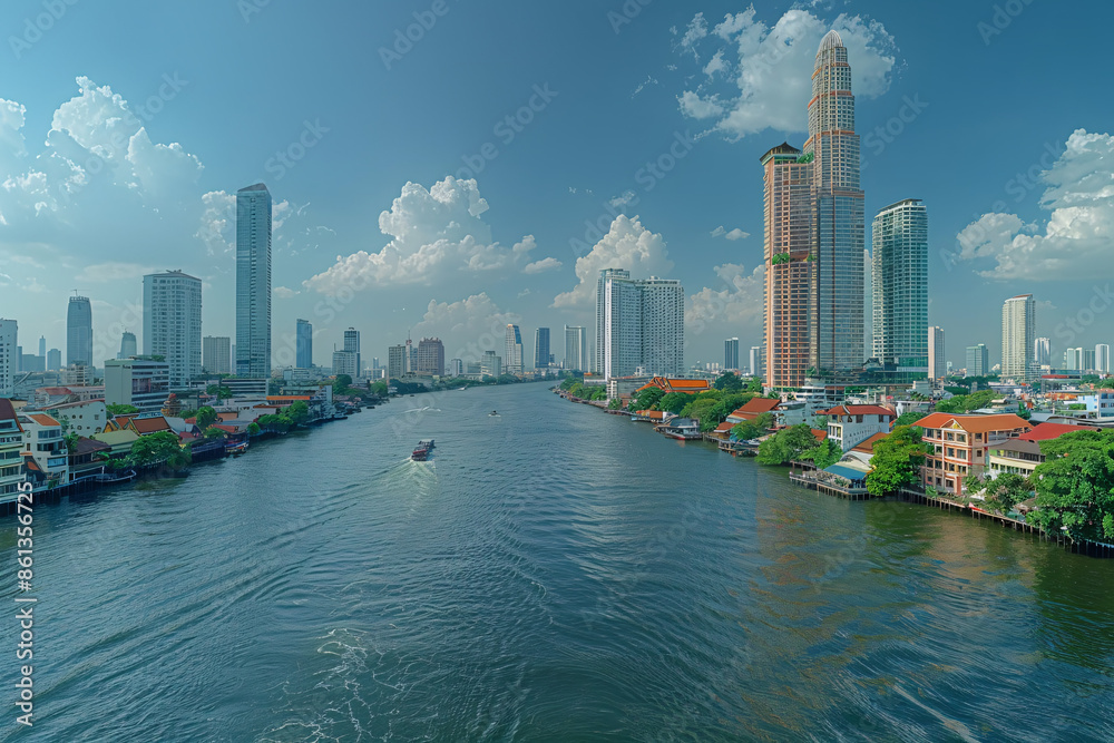 Fototapeta premium A panoramic view of a modern city skyline featuring tall skyscrapers along a river, with boats and traditional houses along the waterfront under a bright blue sky