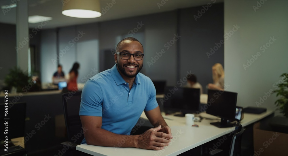 Smiling man in a modern office setting with a friendly and professional atmosphere. Suitable for business and teamwork-related content. Smiling man in a modern office setting with a friendly and professional atmosphere. Suitable for business and teamwork-related content.