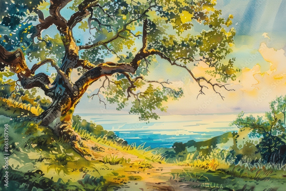 Serene Coastal Landscape with Sunlit Tree and Ocean View Serene Coastal Landscape with Sunlit Tree and Ocean View