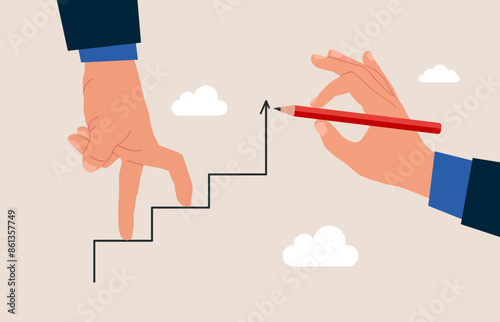 Human hand drawing stairs. Partner walking up stairs to their goal. Move up motivation, the path to the target's achievement. Flat vector illustration.