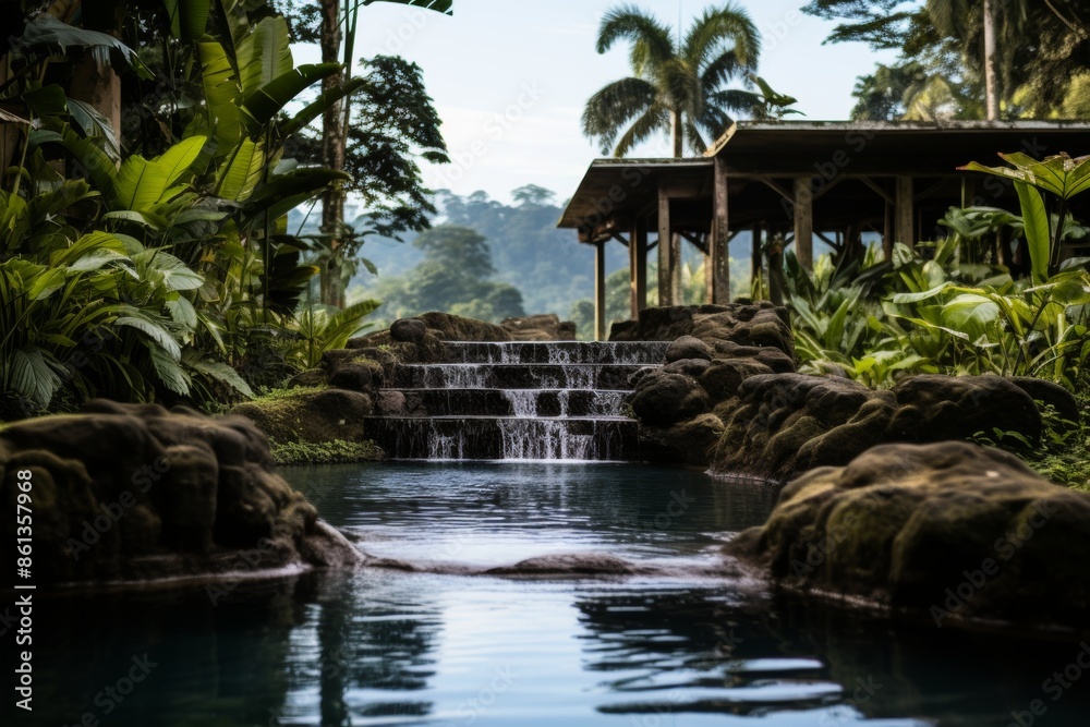 Experience the tranquility of a tropical paradise with a mesmerizing waterfall, pristine pool, and vibrant greenery that create a serene oasis for unwinding and reconnecting with nature Experience the tranquility of a tropical paradise with a mesmerizing waterfall, pristine pool, and vibrant greenery that create a serene oasis for unwinding and reconnecting with nature