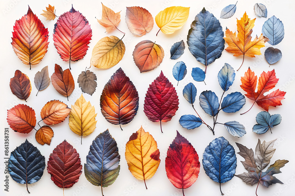 Fototapeta premium An array of colorful leaves in various shapes and sizes, displaying autumnal hues of red, yellow, orange, blue, and brown