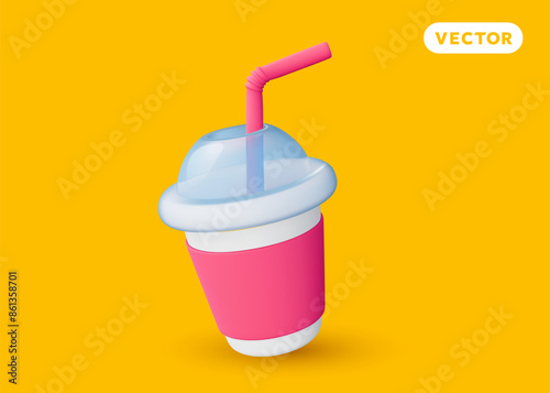 Vector illustration of realistic cardboard drink cup with plastic cover and tube on yellow color background. 3d cartoon style design of takeaway fastfood beverage with shadow