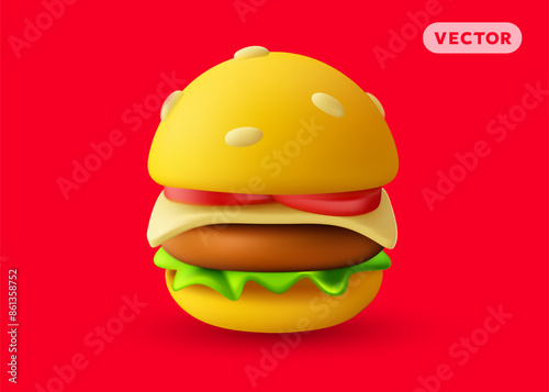 Vector illustration of realistic burger with cheese and salad on red color background. 3d style cartoon design of big hamburger with shadow. Fast food