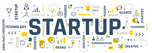 Vector creative illustration of startup word typography with line icon, word cloud on white background. Startup business infographic concept with spaceship. Line art style design