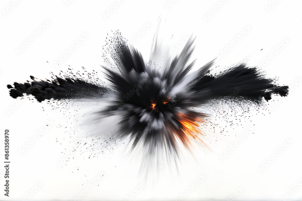 Obraz premium Black charcoal powder dust paint white explosion explode burst isolated splatter abstract. Powder charcoal background black smoke particles explosive carbon pattern coal makeup dark splash bomb piece