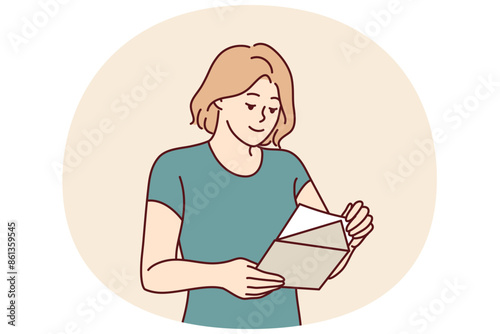 Woman with envelope in hands reads letter received in mail with invitation to entertainment event or conference. Girl with notice from bank in postal envelope demanding payment of interest on loan