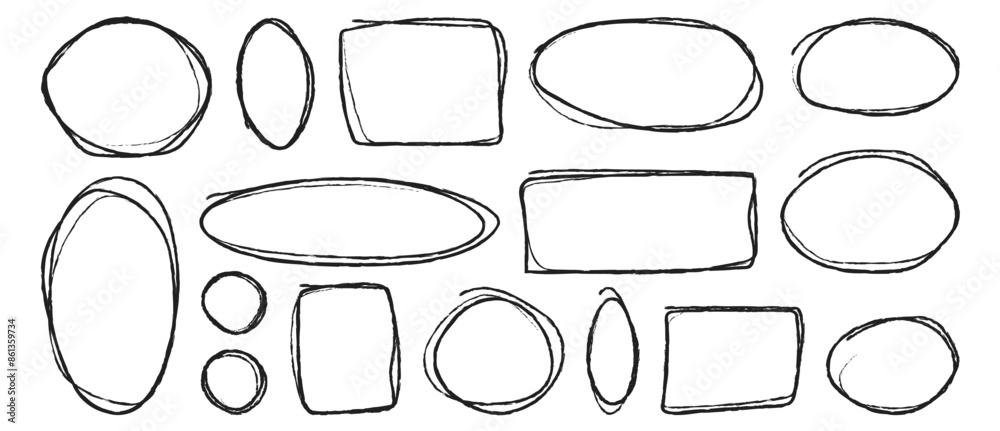 Set of hand drawn grunge circle and square highlights. Marker scratch scribble inrounder.  Doodles for artwork different shapes