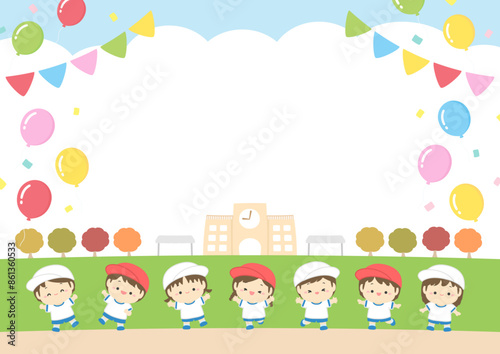 運動会の背景素材、子どもたちと学校の校舎と秋の木と運動場のベクターイラスト01