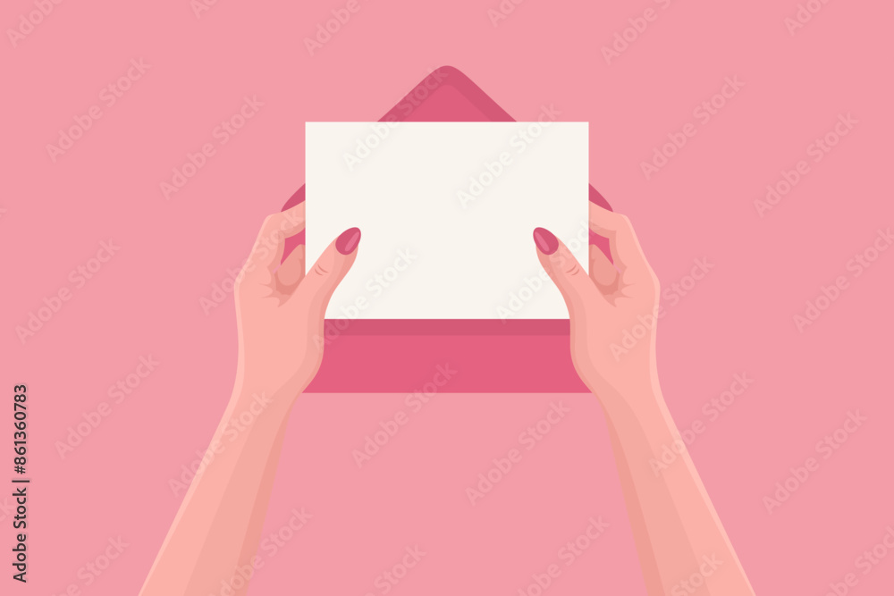 Flat Vector Illustration of Female Hands Holding a Blank Paper Sheet Out of an Envelope, Top View