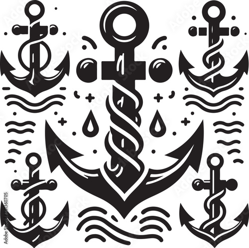 Marine Symbol Black Anchor Icon Vector Flat Illustration Silhouette Style