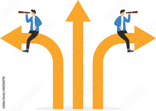Business people with solving and decisions. Choice right way concept. Employees before choice. Smart workers and arrows point in different directions. Colleagues looking best career path. flat vector